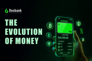 Deobank mobile crypto wallet interface displaying balance in BTC, ETH, and USDT with Visa card and digital payment icons including Bitcoin, Ethereum, Starbucks, Netflix, and Amazon. Caption reads 'The Evolution of Money' with futuristic green glowing visuals
